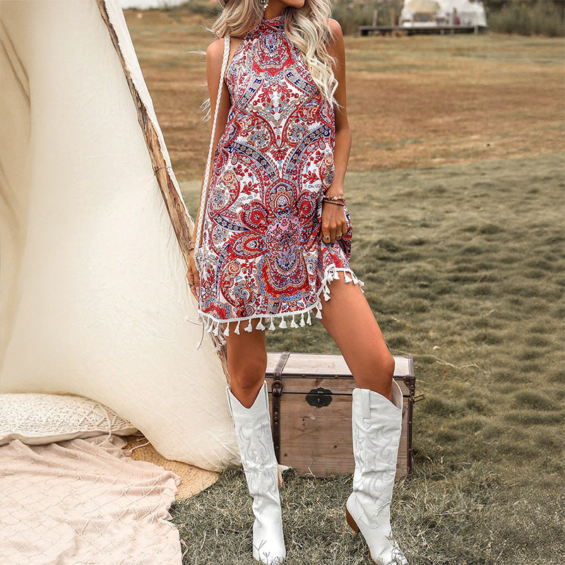 Paisley A-Line Dress with Halter Neck and Tassels