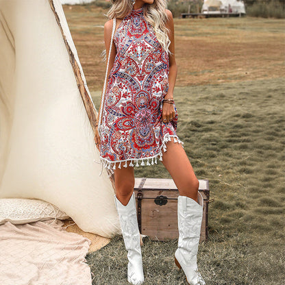 Paisley A-Line Dress with Halter Neck and Tassels