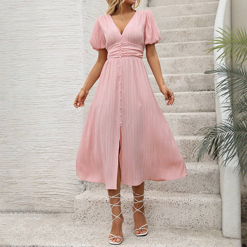 A-Line Midi Dress with V-Neck and Puff Sleeves