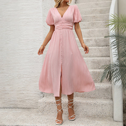 A-Line Midi Dress with V-Neck and Puff Sleeves
