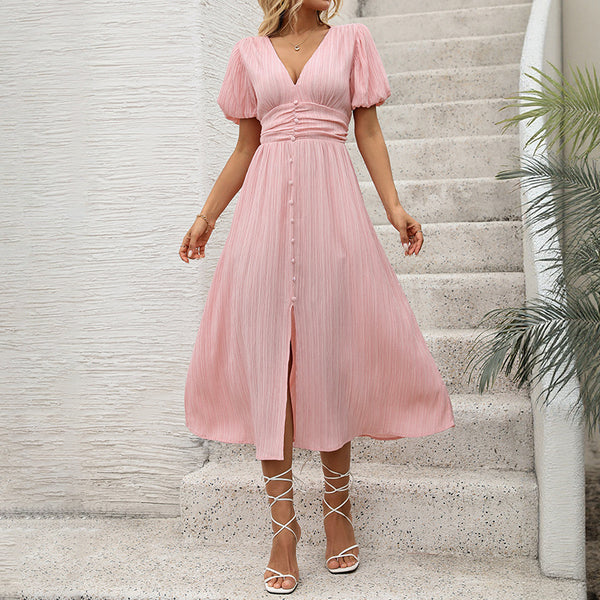 A-Line Midi Dress with V-Neck and Puff Sleeves