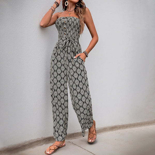 Geometric Print Strapless Wide-Leg Jumpsuit with Tie-Waist