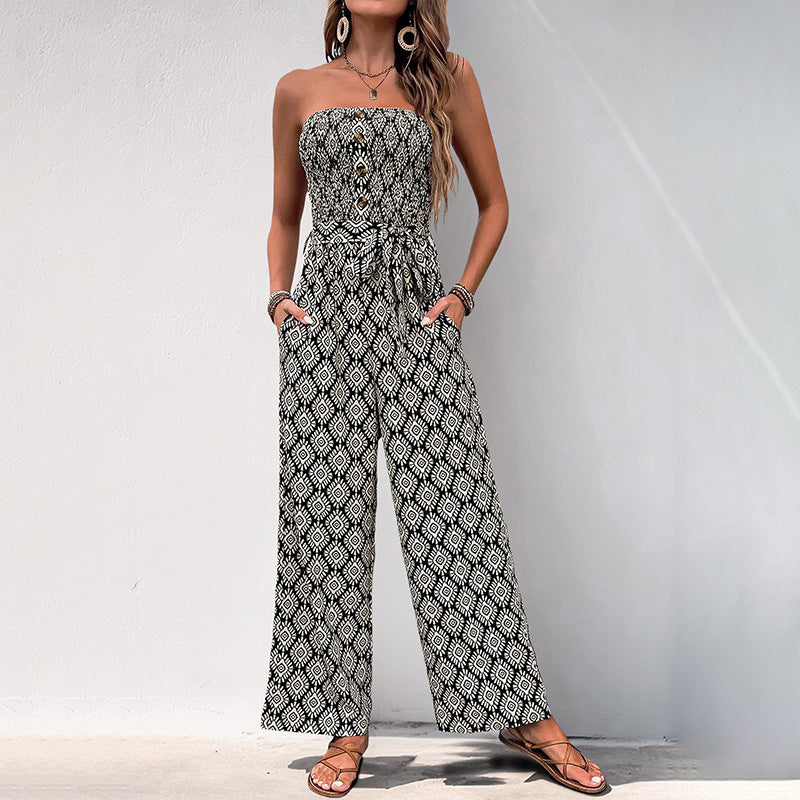 Geometric Print Strapless Wide-Leg Jumpsuit with Tie-Waist