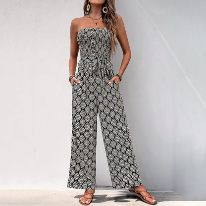 Geometric Print Strapless Wide-Leg Jumpsuit with Tie-Waist