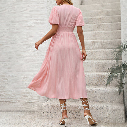 A-Line Midi Dress with V-Neck and Puff Sleeves