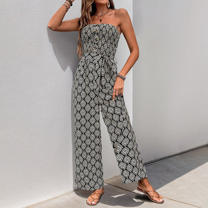 Geometric Print Strapless Wide-Leg Jumpsuit with Tie-Waist