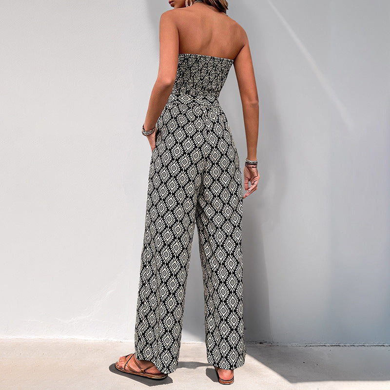 Geometric Print Strapless Wide-Leg Jumpsuit with Tie-Waist