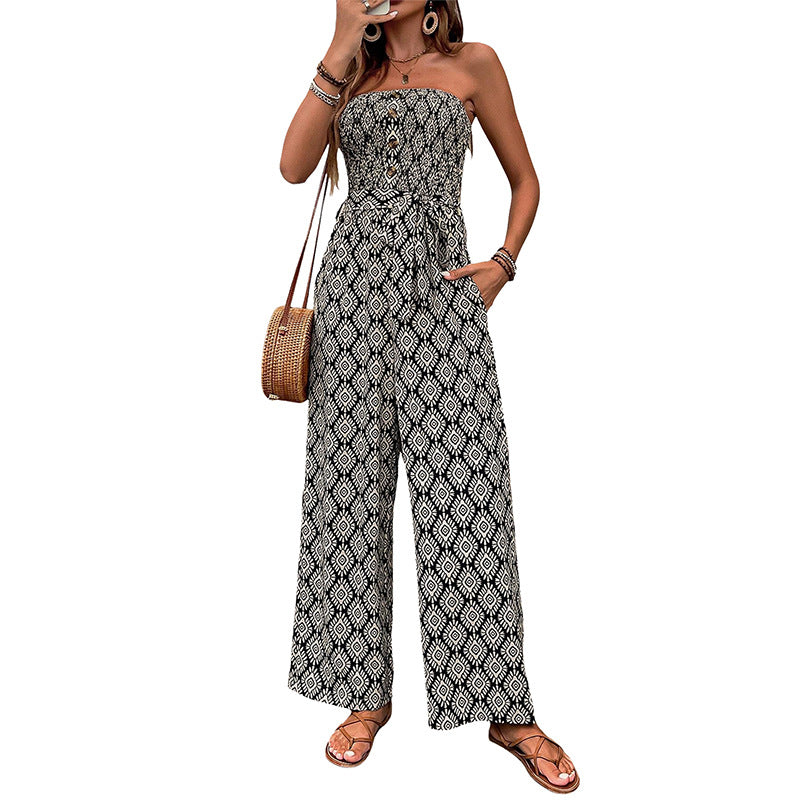 Geometric Print Strapless Wide-Leg Jumpsuit with Tie-Waist