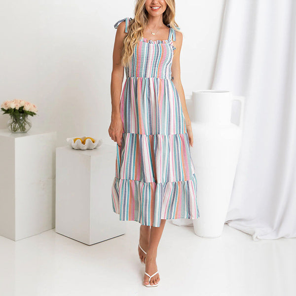 Colorful Striped Tiered Midi Dress with Smocked Top and Tie Straps