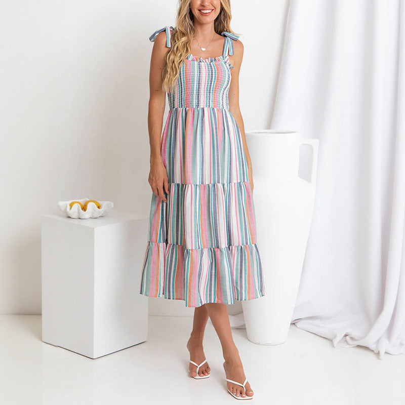 Colorful Striped Tiered Midi Dress with Smocked Top and Tie Straps