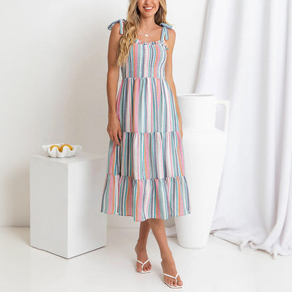 Colorful Striped Tiered Midi Dress with Smocked Top and Tie Straps