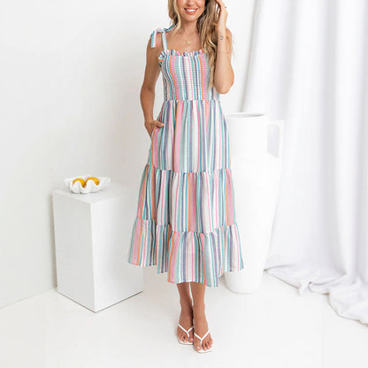 Colorful Striped Tiered Midi Dress with Smocked Top and Tie Straps