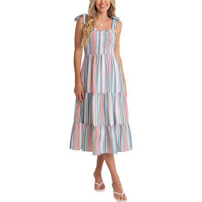 Colorful Striped Tiered Midi Dress with Smocked Top and Tie Straps
