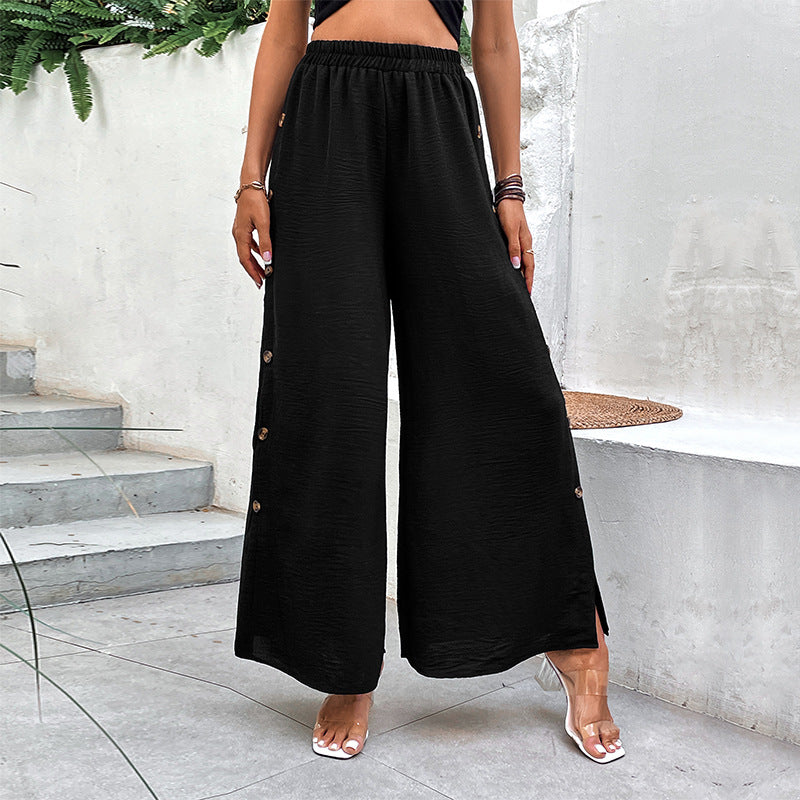 High-Waisted Wide-Leg Pants with Side Button Slits