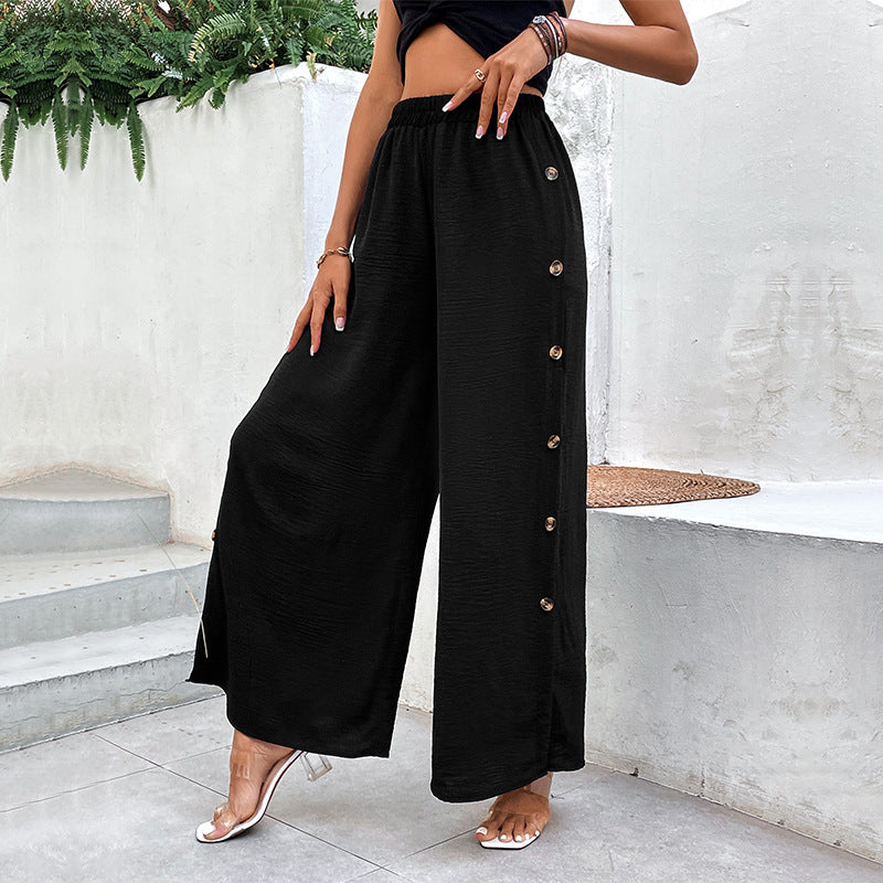 High-Waisted Wide-Leg Pants with Side Button Slits