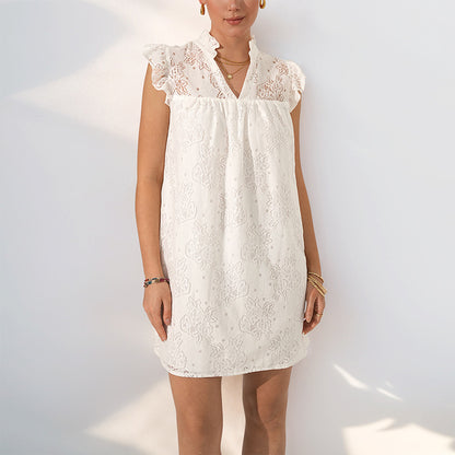 A-Line Lace Mini Dress with Stand Collar and Flutter Sleeves
