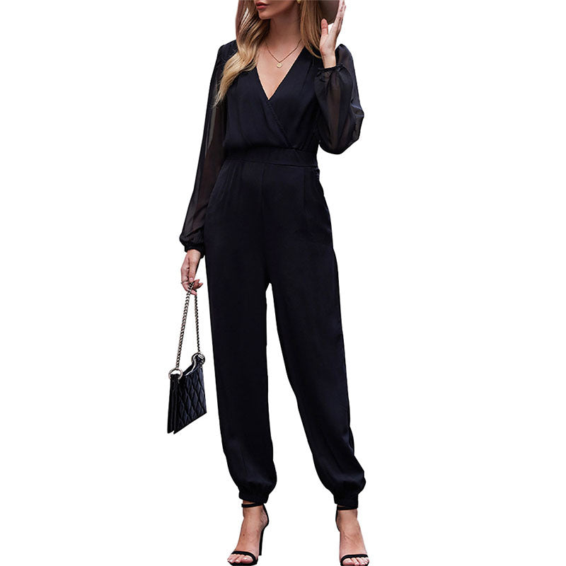 Wrap V-Neck Jumpsuit with Sheer Sleeves and Elastic Cuffs