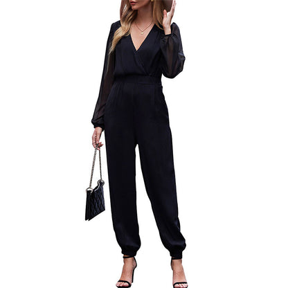 Wrap V-Neck Jumpsuit with Sheer Sleeves and Elastic Cuffs