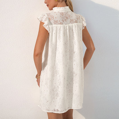 A-Line Lace Mini Dress with Stand Collar and Flutter Sleeves