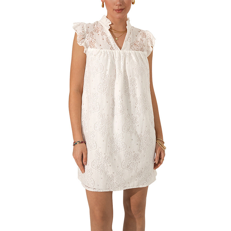 A-Line Lace Mini Dress with Stand Collar and Flutter Sleeves