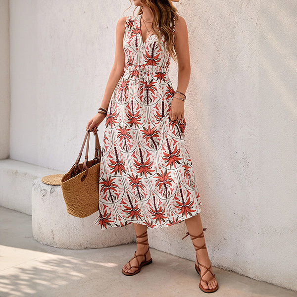 Palm Print A-Line Midi Dress with V-Neck and Drawstring Waist