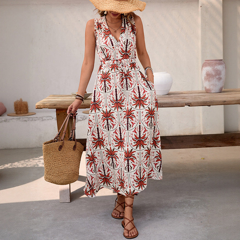 Palm Print A-Line Midi Dress with V-Neck and Drawstring Waist