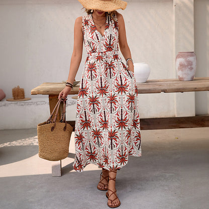 Palm Print A-Line Midi Dress with V-Neck and Drawstring Waist