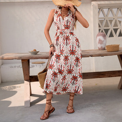 Palm Print A-Line Midi Dress with V-Neck and Drawstring Waist