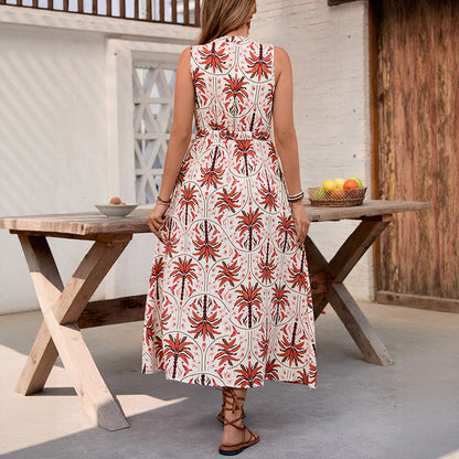 Palm Print A-Line Midi Dress with V-Neck and Drawstring Waist