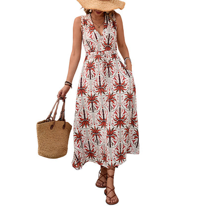 Palm Print A-Line Midi Dress with V-Neck and Drawstring Waist