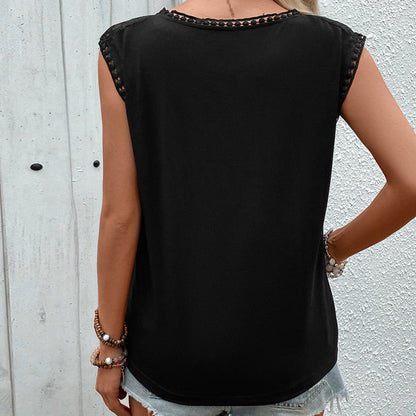 Solid Loose Top with Lace Yoke and Round Neck