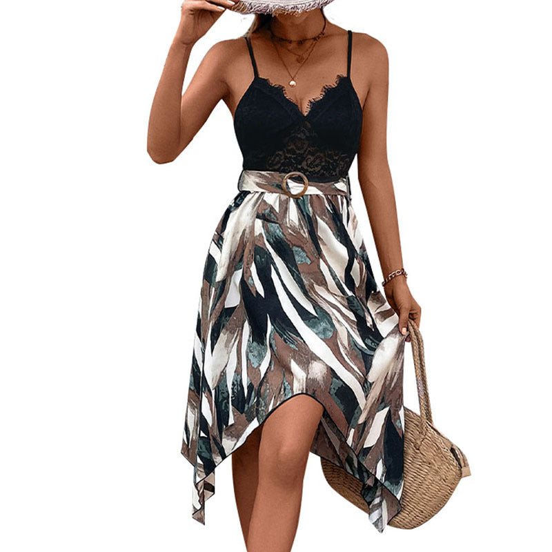 Abstract Print Dress with Lace V-Neck and Asymmetrical Hem