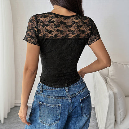 Bodycon Lace Short Sleeve Top with Round Neck