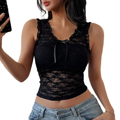Cropped Lace Camisole with Ruffled Straps and Bow