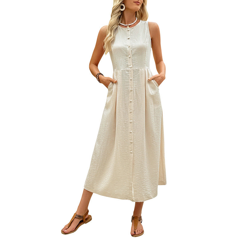 Solid A-Line Midi Dress with Button Front and Pockets