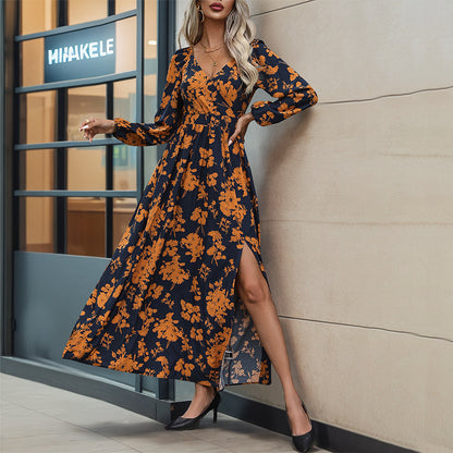 Floral Maxi Dress with V-Neck and Side Slit