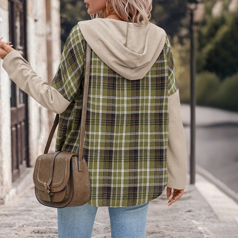 Loose Hooded Plaid Shacket with Contrast Sleeves