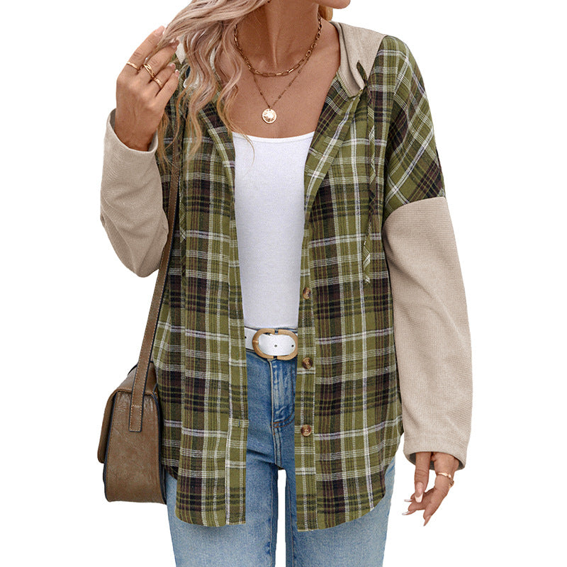 Loose Hooded Plaid Shacket with Contrast Sleeves