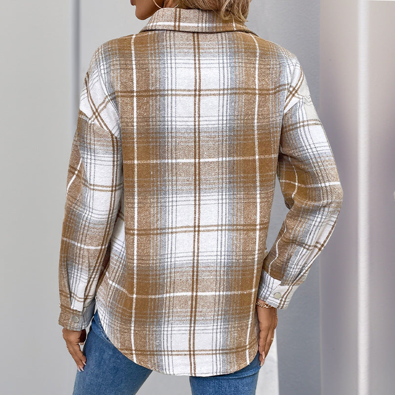 Plaid Pullover Shirt with Half-Zip and Lapel Collar