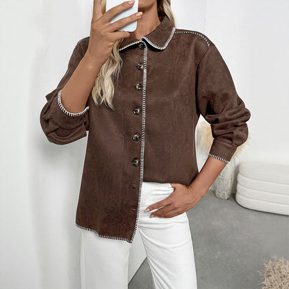 Loose Faux Suede Shacket with Contrast Stitching