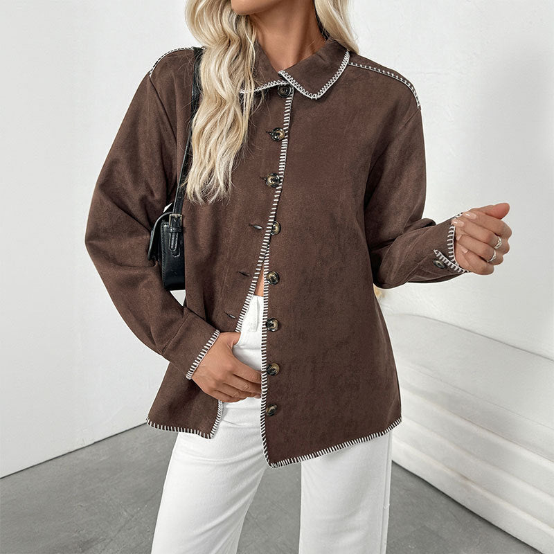 Loose Faux Suede Shacket with Contrast Stitching