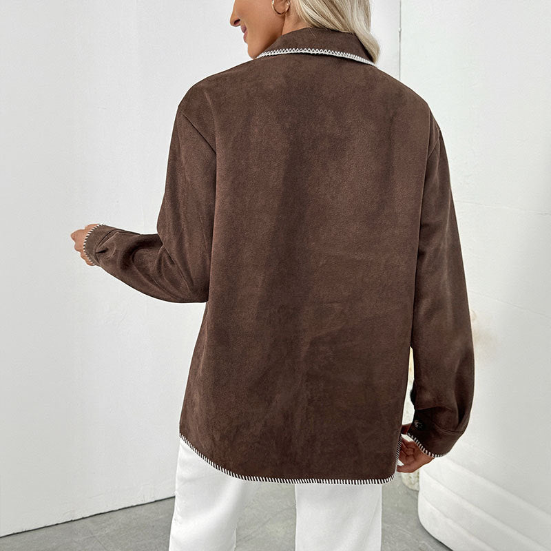 Loose Faux Suede Shacket with Contrast Stitching