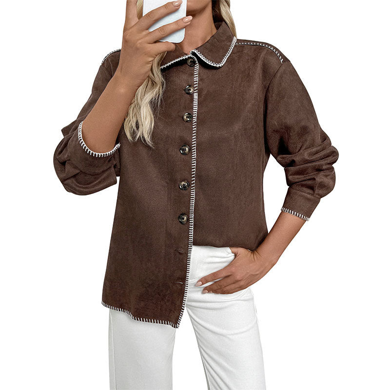 Loose Faux Suede Shacket with Contrast Stitching