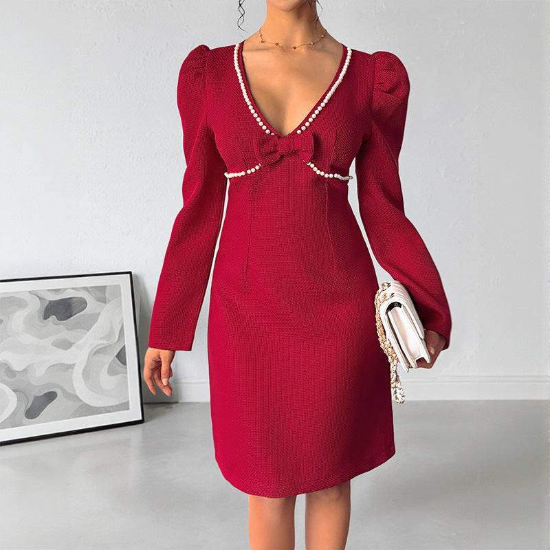 Textured Sheath Dress with Pearl Trim and Bow Detail