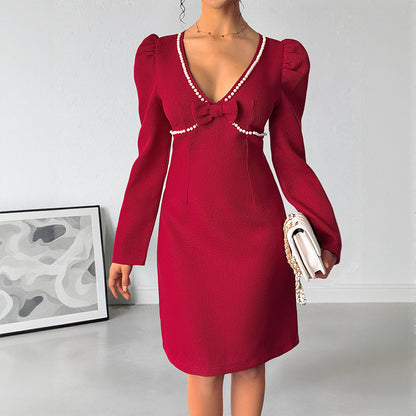 Textured Sheath Dress with Pearl Trim and Bow Detail