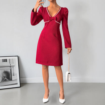 Textured Sheath Dress with Pearl Trim and Bow Detail