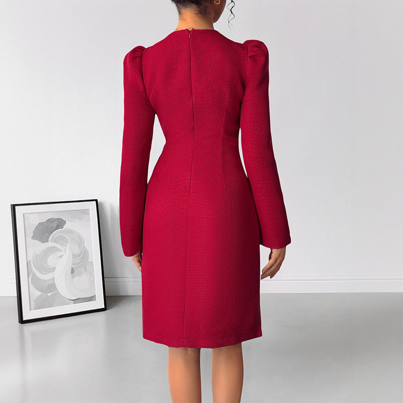Textured Sheath Dress with Pearl Trim and Bow Detail