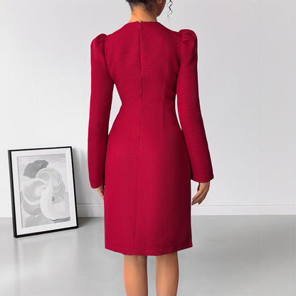 Textured Sheath Dress with Pearl Trim and Bow Detail
