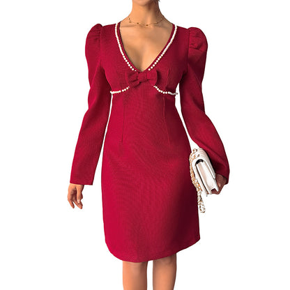 Textured Sheath Dress with Pearl Trim and Bow Detail