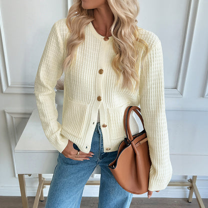 Solid Knit Cardigan with Round Neck and Button Front